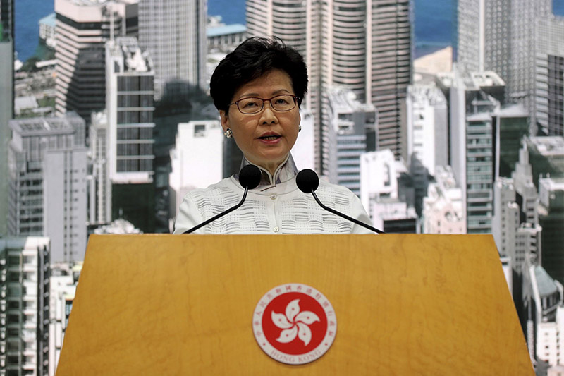 Hong Kong's Chief Executive Carrie Lam speaks at a press conference in Hong Kong, on Saturday, June 15, 2019. Lam said she will suspend a proposed extradition bill indefinitely in response to widespread public unhappiness over the measure, which would enable authorities to send some suspects to stand trial in mainland courts. Photo: AP