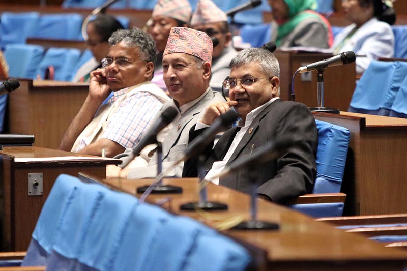 (From left) Minister for Industry, Commerce and Supplies Matrika Prasad Yadav, Finance Minister Yubaraj Khatiwada and Minister for Communication and Information Technology Gokul Prasad Baskota at the meeting of the House of Representatives in the Federal Parliament, in New Baneshwor, Kathmandu, on Tuesday, June 4, 2019. Photo: RSS