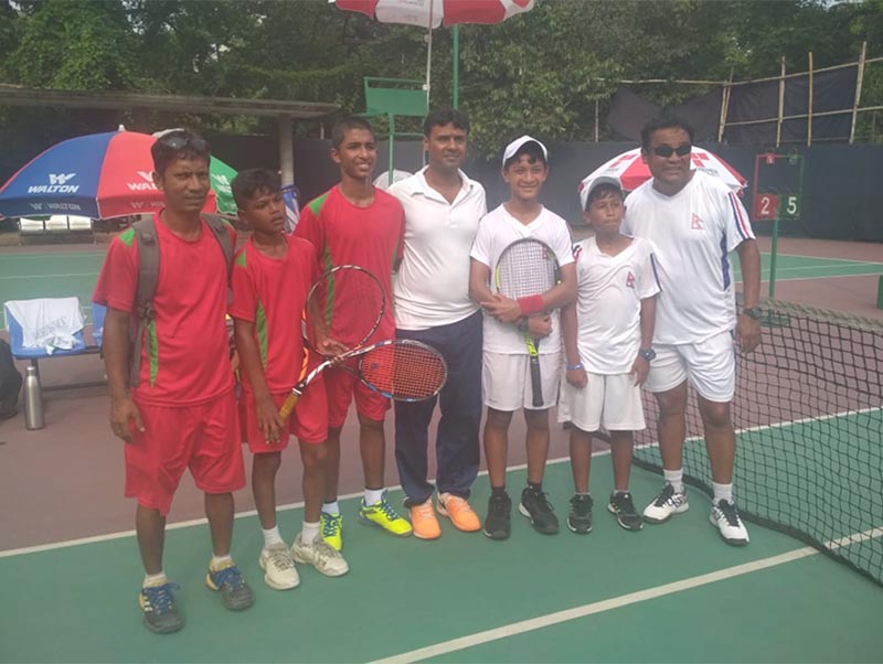 Nepal's junior (12 & under) tennis team (Boys) pose for photo before playing the semi-final match against Bangladesh in ITF Asian Team Championship South Asian Qualifier being held in Dhaka, Bangladesh.
