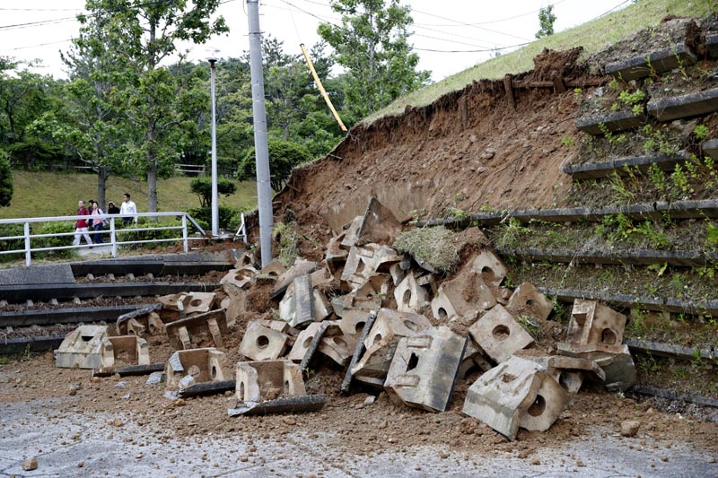 Collapsed slope caused by an earthquake is seen in Murakami, Niigata prefecture, Japan June 19, 2019, in this photo taken by Kyodo. Photo: Kyodo via Reuters