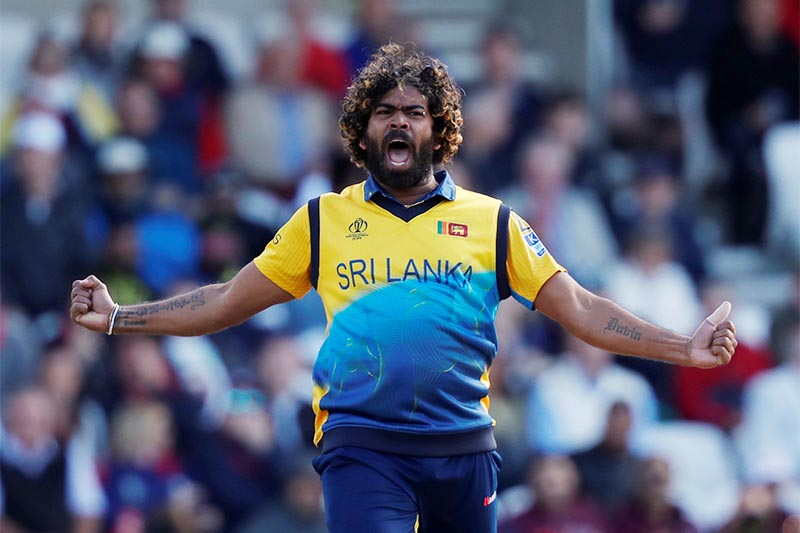 Sri Lanka's Lasith Malinga celebrates taking the wicket of England's Jos Buttler in the match of ICC Cricket World Cup, in Headingley, Leeds, Britiain, on Friday, June 21, 2019.  Photo: Reuters