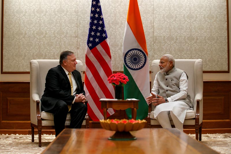US Secretary of State Mike Pompeo, left, talks with Indian Prime Minister Narendra Modi during their meeting at the Prime Minister's Residence, Wednesday, June 26, 2019, in New Delhi, India.  Photo: Reuters