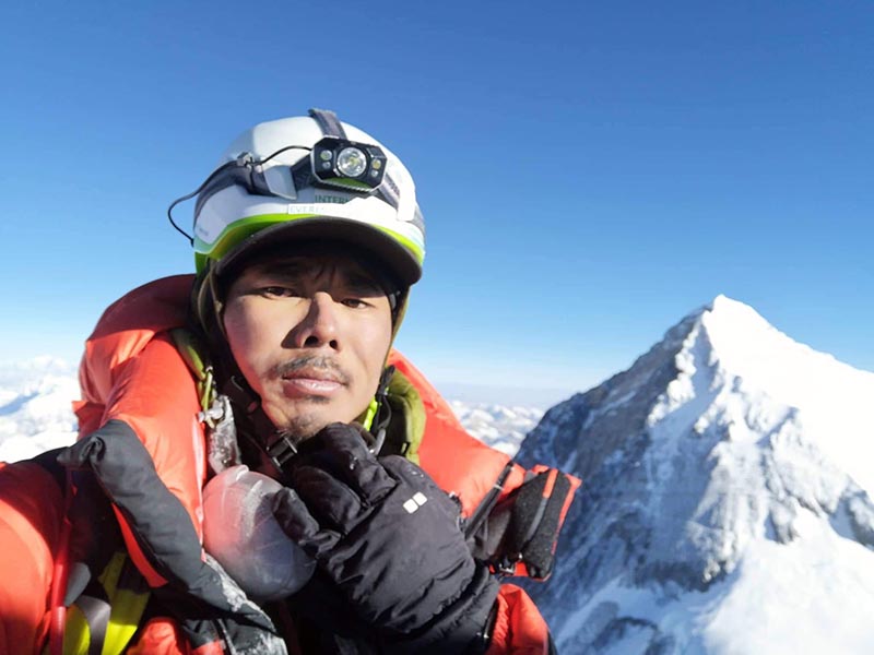 Mingma Dorchi Sherpa on top of Mt Lhotse. Photo Courtesy: Mingma Dorchi Sherpa