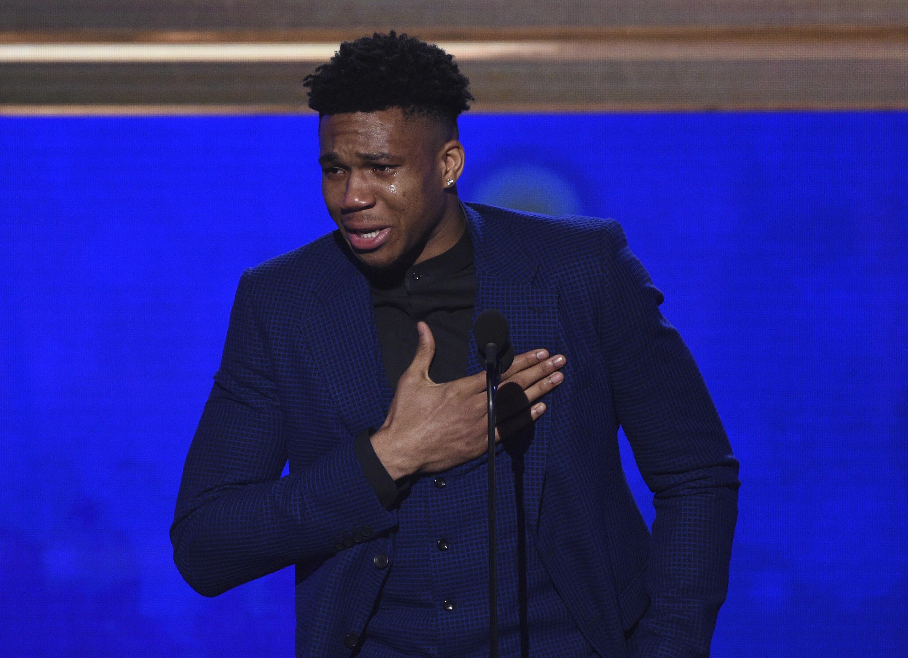 NBA player Giannis Antetokounmpo, of the Milwaukee Bucks, reacts as he accepts the most valuable player award at the NBA Awards on Monday, June 24, 2019, at the Barker Hangar in Santa Monica, California. Photo: AP