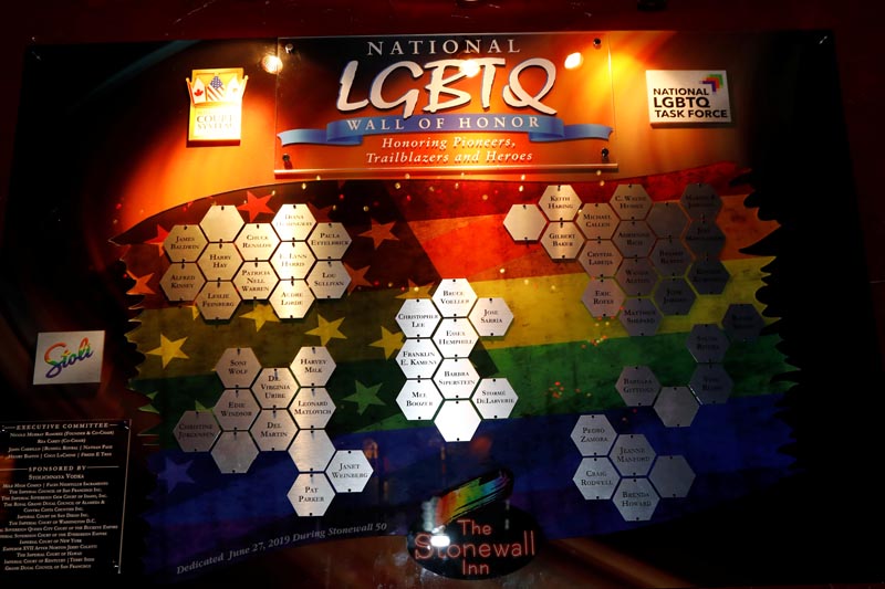The National LGBTQ Wall of Honor is seen hanging at the Stonewall Inn to honor leaders of the gay liberation movement in New York, US, June 27, 2019. Photo: Reuters