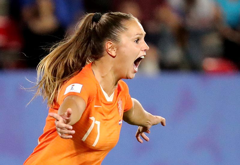 Netherlands' Lieke Martens celebrates scoring their second goal during the Women's World Cup Round of 16 match betweeen Netherlands and Japan, at Roazhon Park, in Rennes, France, on June 25, 2019. Photo: Reuters