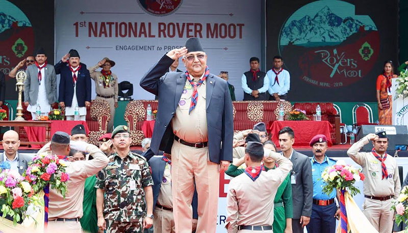 Prime Minister KP Sharma Oli saluting at the inaugural ceremony of Nepal Scoutsu2019 First National Rover Moot, in Pokhara, on Saturday. Photo: THT