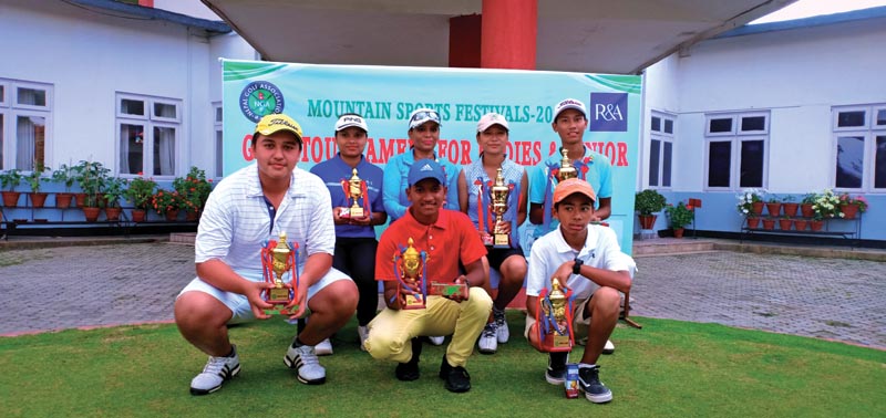 Winners of the All Nepal Junior and Women Open Golf Tournament hold their trophies in Kathmandu on Sunday.Photo: THT