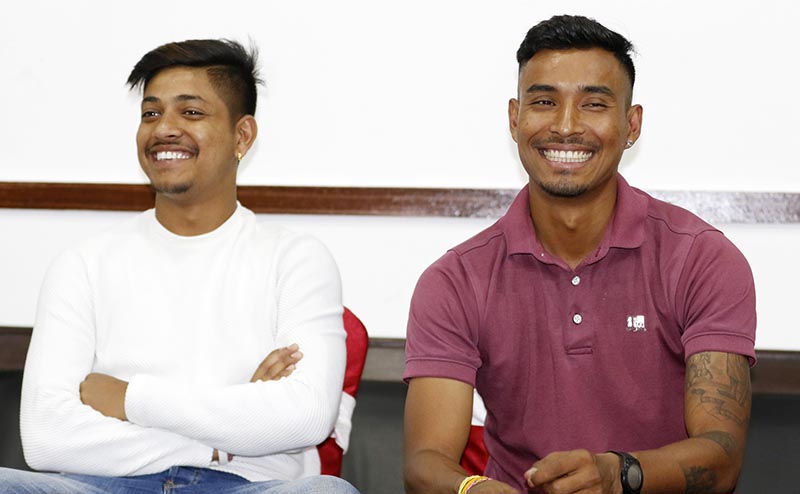 Cricketers Sandeep Lamichhane (left) and Sompal Kami at a press meet in Kathmandu on Friday, June 21, 2019. Photo: THT