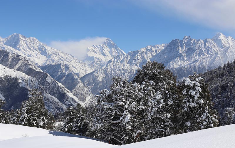 Snow-covered Nanda Devi mountain is seen from Auli town, in the northern Himalayan state of Uttarakhand, India, on January 24, 2019. Photo: Reuters