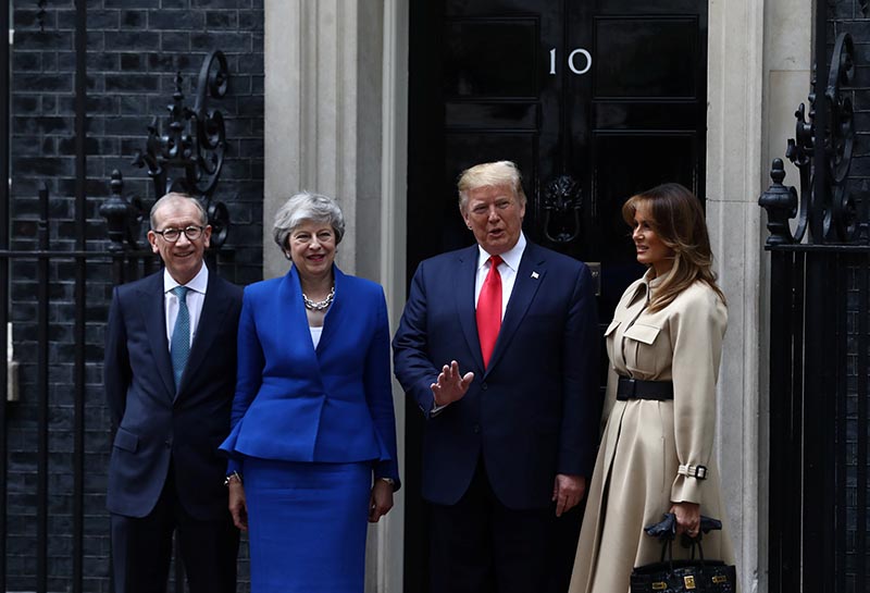 US President Donald Trump and first lady Melania Trump meets Britain's Prime Minister Theresa May   and husband Philip at Downing Street, as part of Trump's state visit in London, Britain, June 4, 2019. REUTERS/SIMON DAWSON