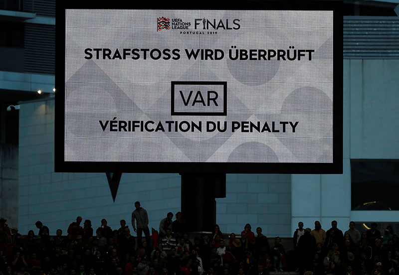 General view of the scoreboard during the VAR referral during the UEFA Nations League Semi Final match between Portugal and Switzerland, at Estadio do Dragao, in Porto, Portugal, on June 5, 2019. Photo: Reuters