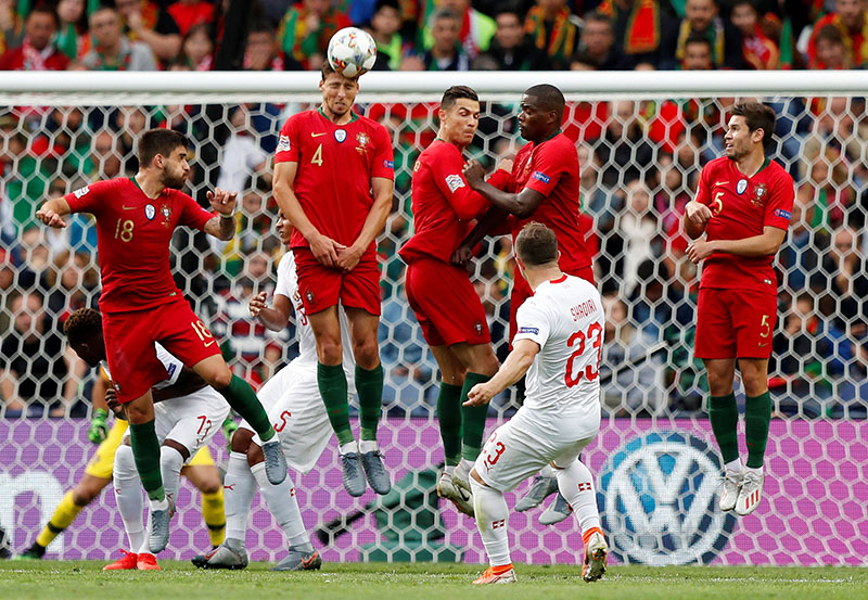 Switzerland's Xherdan Shaqiri shoots at goal from a free kick during the UEFA Nations League Semi Final match between Portugal and Switzerland, at Estadio do Dragao, in Porto, Portugal, on June 5, 2019. Photo: Reuters