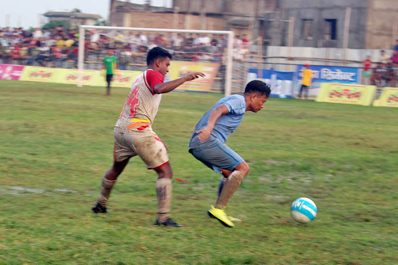 Players in action during Udayapur Gold Cup in Gaighat, on Wednesday, on June 19, 2019. Photo: Shyam Rai/THT