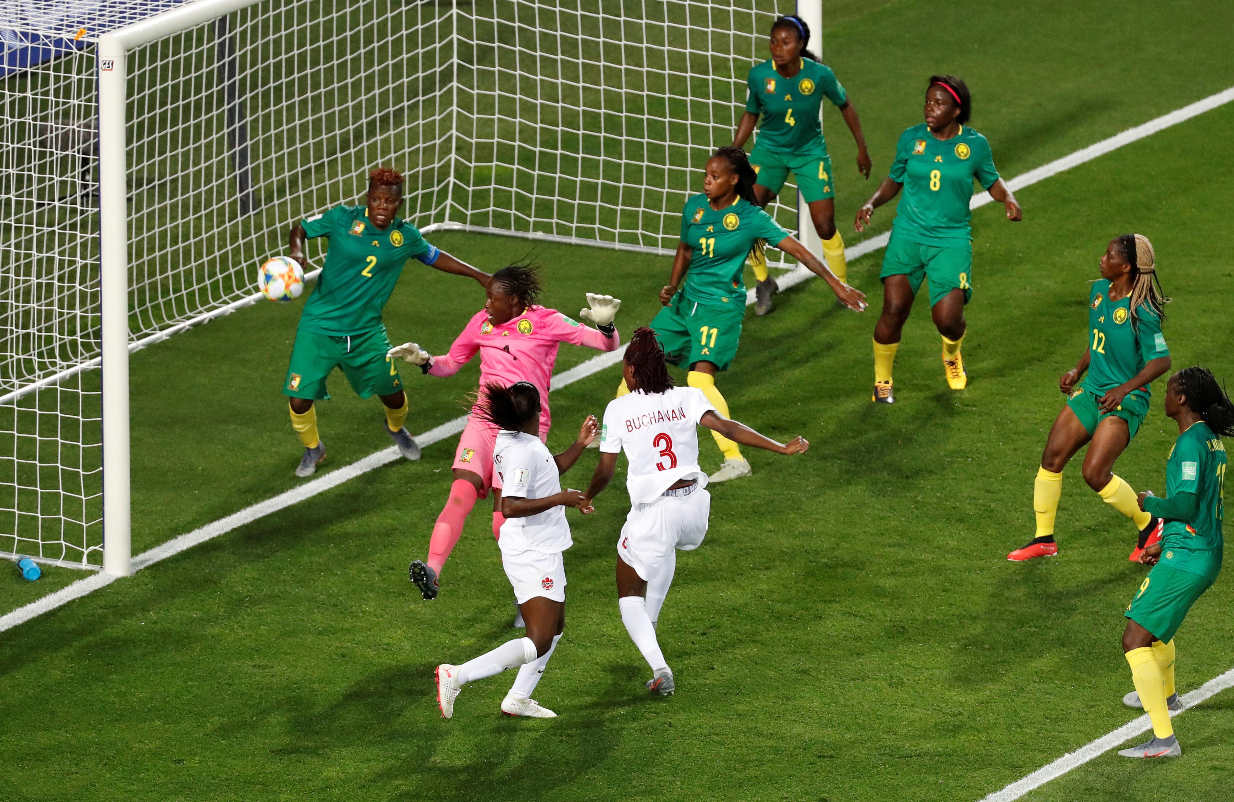 Canada's Kadeisha Buchanan scores their first goal during the Women's World Cup Group E match between Canada and Cameroon, at Stade de La Mosson, in Montpellier, France, on June 10, 2019. Photo: Reuters