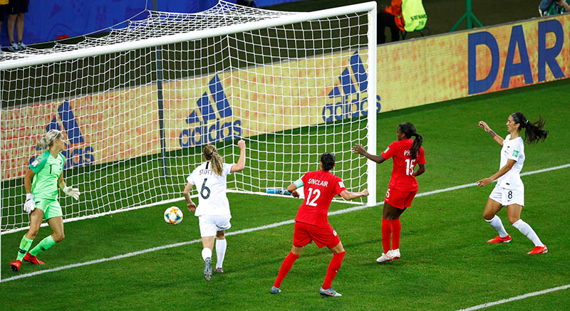 Canada's Nichelle Prince scores their second goal during the Women's World Cup Group E match between Canada and New Zealand, at Stade des Alpes, in Grenoble, France, on June 15, 2019. Photo: Reuters