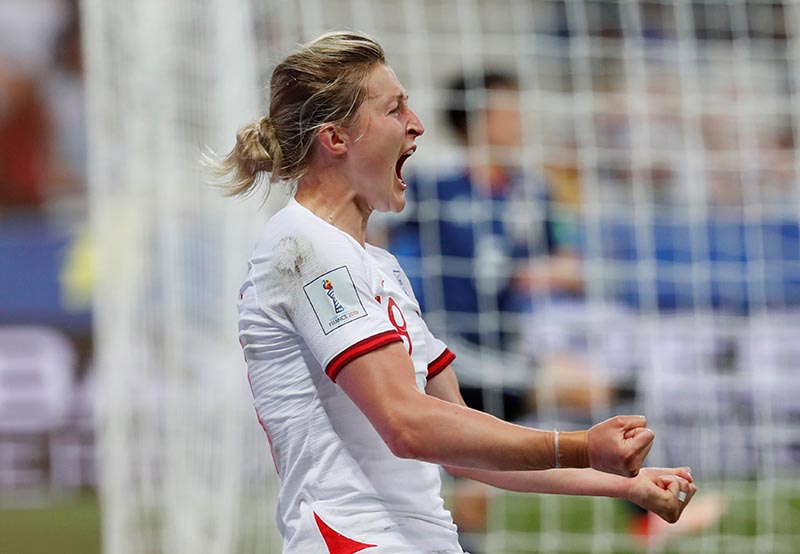 England's Ellen White celebrates scoring their first goal during the Women's World Cup Group D match between Japan and England, at Allianz Riviera, in Nice, France, on June 19, 2019. Photo: Reuters