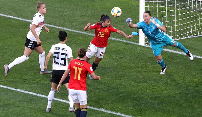 Germany's Almuth Schult in action with Spain's Nahikari Garcia during the Women's World Cup Group B match between Germany and Spain, at Stade du Hainaut, in Valenciennes, France, on June 12, 2019. Photo: Reuters