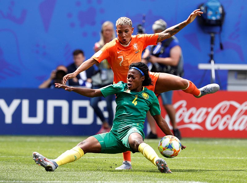 Netherlands' Shanice van de Sanden in action with Cameroon's Yvonne Leuko during the Women's World Cup Group E match between Netherlands and Cameroon, at Stade du Hainaut, in Valenciennes, France, on June 15, 2019. Photo: Reuters