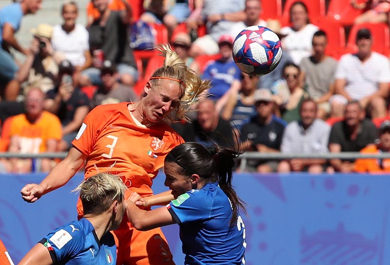 Netherlands' Stefanie van der Gragt scores their second goal during the Women's World Cup Quarter Final match between Italy and Netherlands, at Stade du Hainaut, in Valenciennes, France, on June 29, 2019. Photo: Reuters