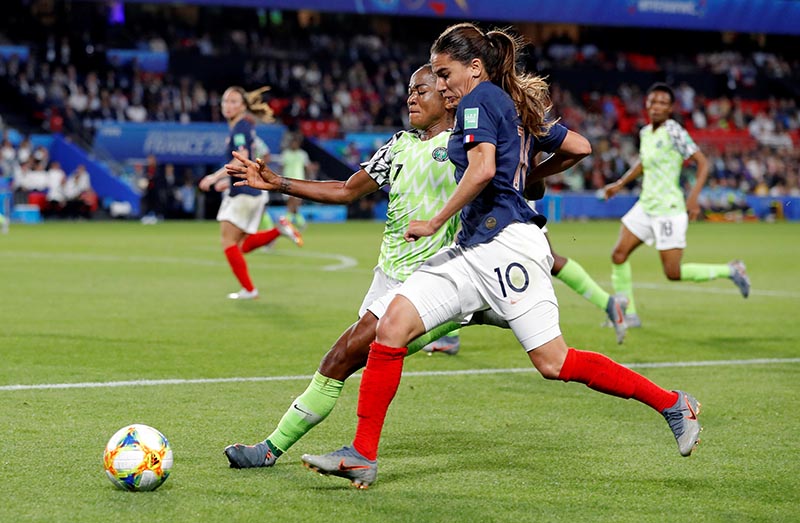 Nigeria's Francisca Ordega in action with France's Amel Majri during the Women's World Cup Group A match between Nigeria and France, at Roazhon Park, in Rennes, France, on June 17, 2019. Photo: Reuters