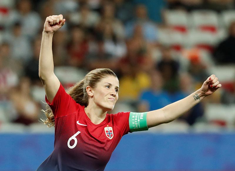 Norway's Maren Mjelde reacts after scoring a penalty during the Women's World Cup Round of 16 match between Norway and Australia, at Allianz Riviera, in Nice, France, on June 22, 2019.