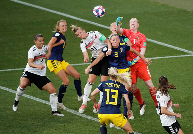 Sweden's Hedvig Lindahl punches ball during the Women's World Cup Quarter Final match between Germany and Sweden, at Roazhon Park, in Rennes, France, on June 29, 2019. Photo: Reuters