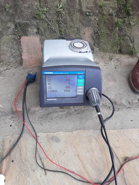 Emission testing device is used to measure smoke opacity in the petrol engine vehicles as seen during the emission test carried out at Bhadrakali in June 25, 2019 on Tuesday. Photo: Nishant Pokhrel/THT online