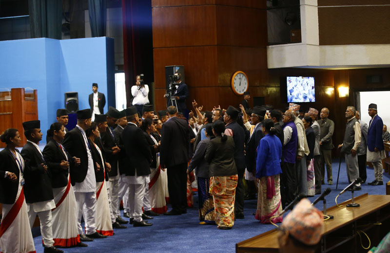 Nepali Congress lawmakers obstruct the lower house of the Federal Parliament, in Kathmandu, on Tuesday, June 18, 2019. Prime Minister KP Sharma Oli was scheduled to address the issues of Guthi Bill. Photo: Skanda Gautam/THT