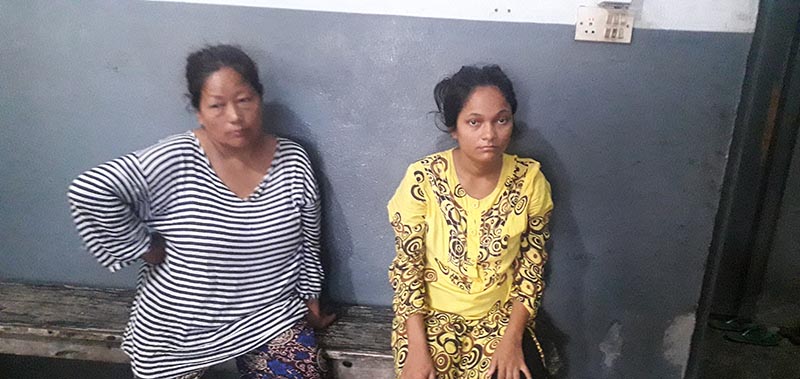 Police making public Mina Limbu (left) and Lila BK, who were arrested for abducting a child from BP Koirala Insitute of Health Scieneces, in Dharan, Sunsari on Thursday, July 11, 2019. Photo: THT