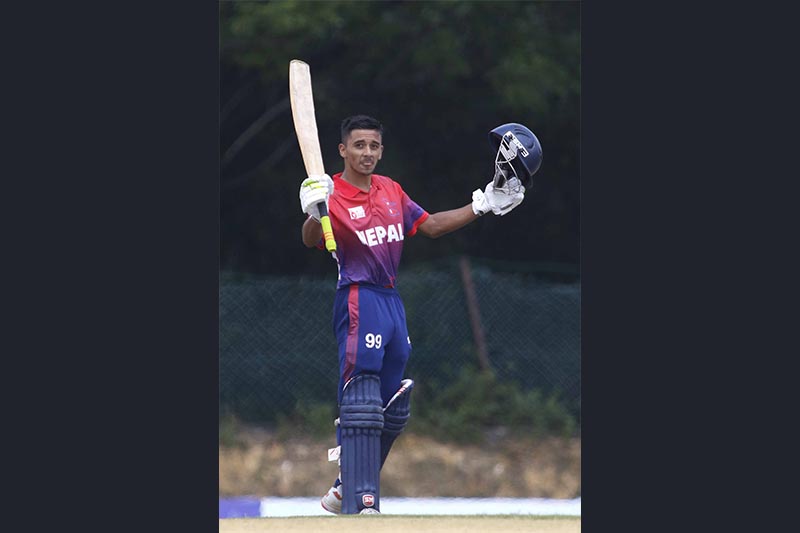 Rit Gautam celebrates his century against Singapore during their ACC U-19 Eastern Region match in nKuala Lumpur on Friday, July 5, 2019. Photo Courtesy: CricketingNepal