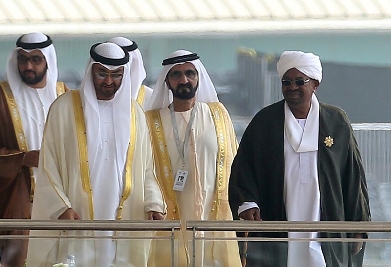 FILE: Abu Dhabi Crown Prince Sheikh Mohammed bin Zayed al-Nahayan (2nd L), Prime Minister and Vice-President of the United Arab Emirates and ruler of Dubai Sheikh Mohammed bin Rashid al-Maktoum (2nd R) and Sudan's President Omar al-Bashir (R) attend the opening ceremony of the International Defence Exhibition and Conference (IDEX) in Abu Dhabi, United Arab Emirates February 19, 2017. Photo: Reuters