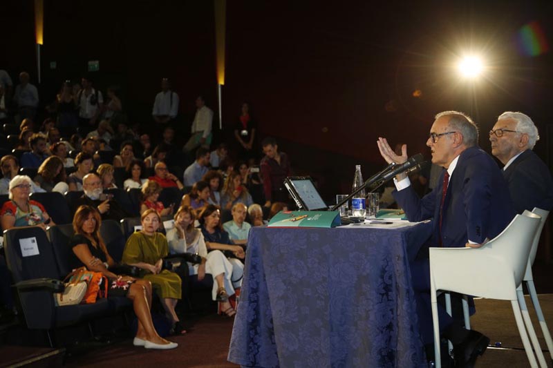 Director of the Venice Film Festival, Alberto Barbera, left, and Venice Biennale President Paolo Baratta meet the journalists on the occasion of the official presentation of the 76th edition of the festival in Rome, Thursday, July 25, 2019. Photo: AP