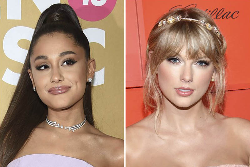 This combination photo shows singers Ariana Grande at the 13th annual Billboard Women in Music event in New York on Dec. 6, 2018, left, and Taylor Swift at the Time 100 Gala in New York on April 23, 2019. Photo: AP