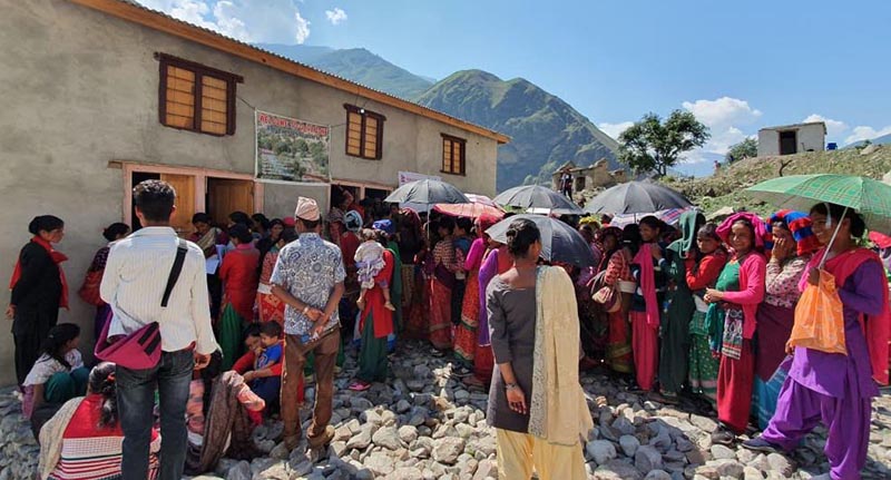 Women queuing up at a free health camp organised by District Health Office in Jagannath Rural Municipality, Bajura, on Wednesday, July 3, 2019. Photo: THT