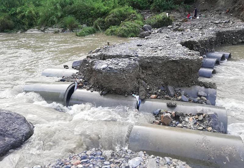 A view of the diversion that was swept away by the swollen flood in Bijayapur River, in Pokhara, on Monday, July 8, 2019. Photo: THT