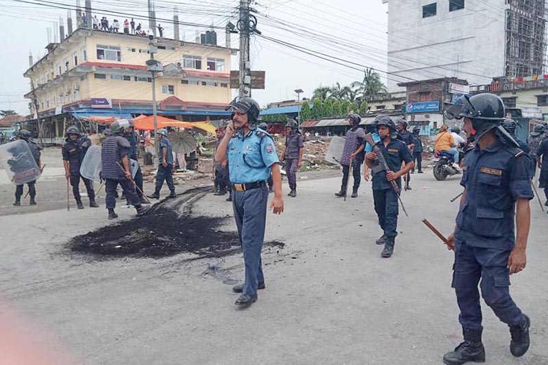 Security personnel patrolling the street in Biratnagar, on Monday, July 22, 2019. Photo: THT