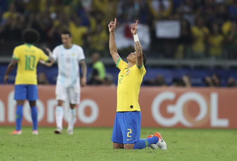 Brazil's Thiago Silva celebrates his team's win over Argentina during a Copa America semifinal soccer match at the Mineirao stadium in Belo Horizonte, Brazil, Tuesday, July 2, 2019. Photo: AP