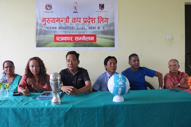 All Nepal Football Association Spokesperson Kiran Rai, other official and tournament coordinator participate in a press meet organised to inform about Chief Minister Cup Provine-1 Football League, on Thursday, July 11, 2019. Photo: THT