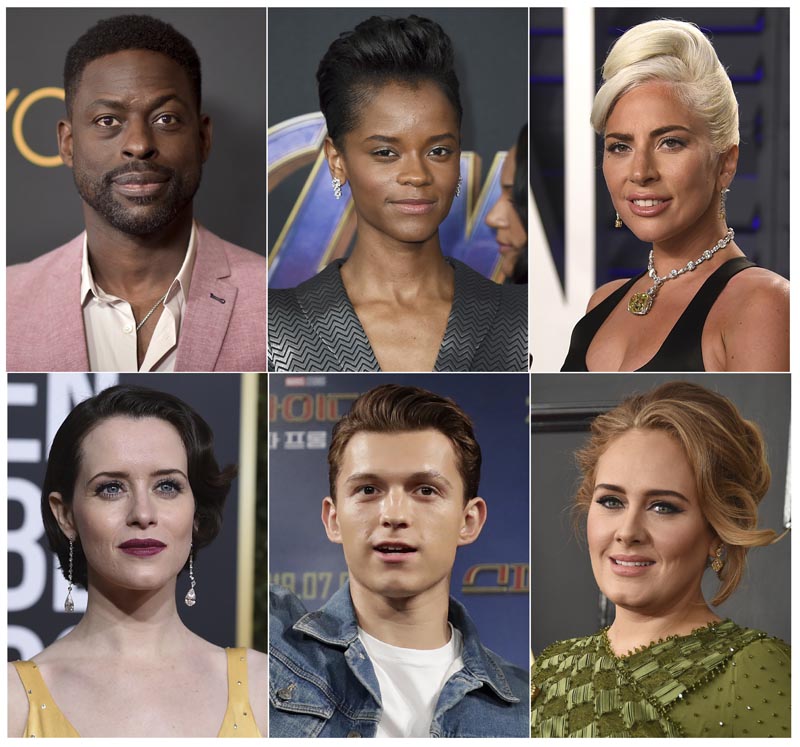 This combination photo shows, top row from left, Sterling K Brown, Letitia Wright, Lady Gaga, and bottom row from left, Claire Foy, Tom Holland and singer Adele, who are among 842 people invited to join the Academy of Motion Pictures Arts and Sciences on Monday, July 1, 2019. Photo: AP