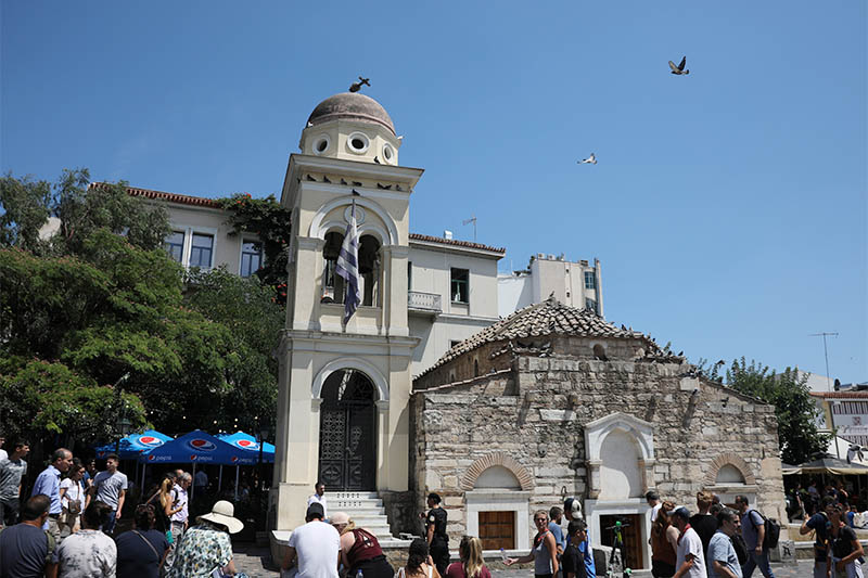 Damage is seen on the bell tower of Church of the Pantanassa at the Monastiraki Square following an earthquake in Athens, Greece, on Friday, July 19, 2019. Photo: Reuters