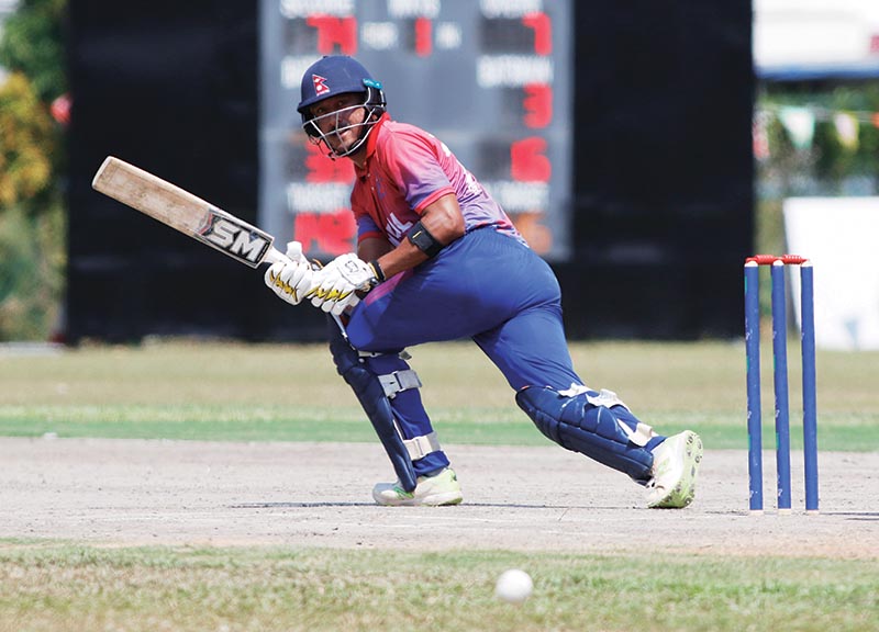Nepal skipper Paras Khadka plays a shot during the ICC World Twenty20 Asia Region Final match against Kuwait at the Indian Association Ground in Singapore on Saturday. Courtesy: CricketingNepal