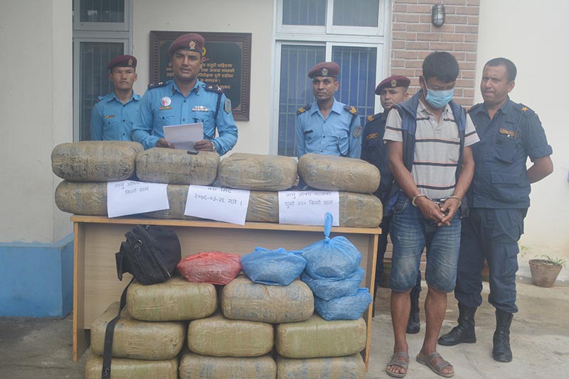 Police make public the arrestee in mask, involved in illegal drug trafficking, at a press conference held at Gajuri-based Area Police Office, in Dhading district, on Thursday, July 11, 2019. Arrestee Bir Bahadur Lama was held with 225kg cannabis. Photo: Keshav Adhikari/THT