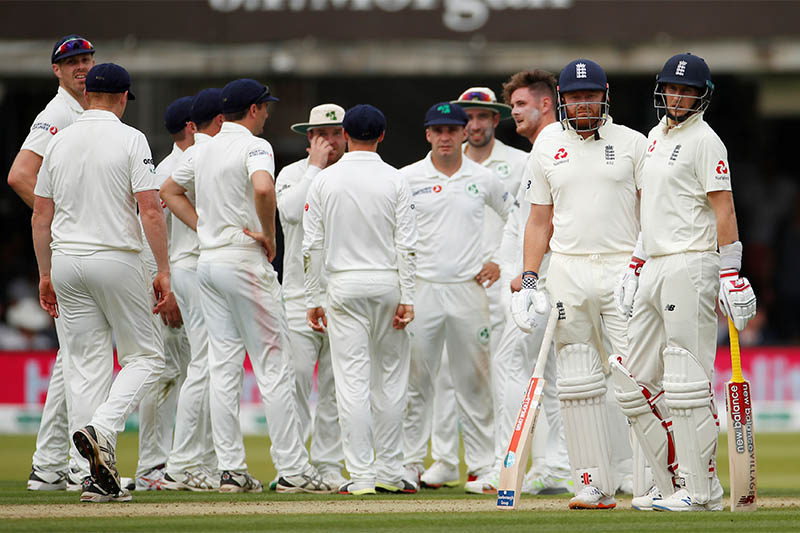 England's Jonny Bairstow awaits a review before being dismissed LBW off the bowling of Ireland's Mark Adair. Photo: Reuters