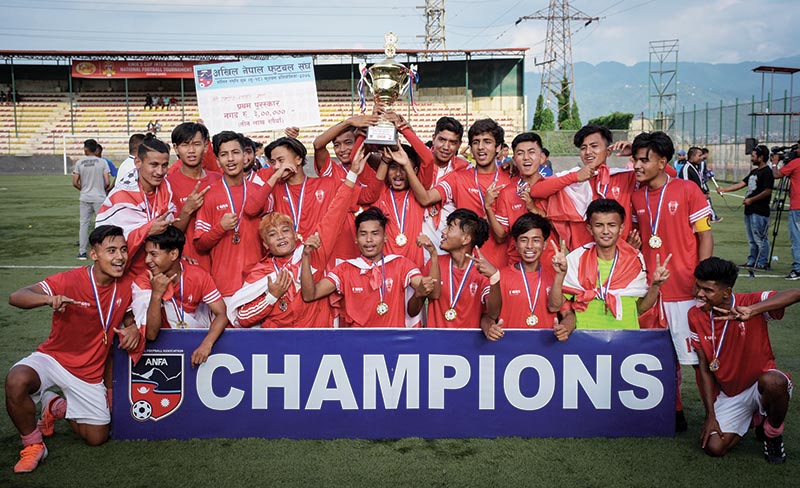 Brigade Boys Club team members celebrate after winning the Lalit Memorial U-18 Football Championship at the ANFA Complex grounds in Lalitpur on Sunday. Photo: Naresh Shrestha / THT