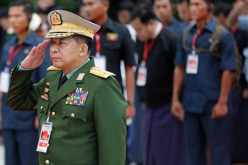 FILE: Myanmar's Commander in Chief Senior General Min Aung Hlaing salutes as he attends an event marking Martyrs' Day at Martyrs' Mausoleum in Yangon, Myanmar July 19, 2018. Photo: Reuters