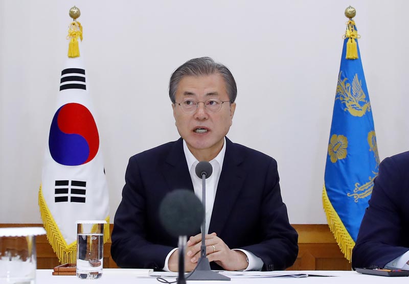 South Korean President Moon Jae-in speaks during a meeting with business leaders at the presidential Blue House in Seoul, South Korea, Wednesday, July 10, 2019. Photo: Bae Jae-man/Yonhap via AP