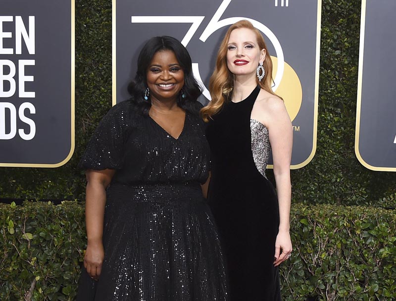 FILE - This January 7, 2018 file photo shows Octavia Spencer, left, and Jessica Chastain at the 75th annual Golden Globe Awards in Beverly Hills, California. Photo: AP