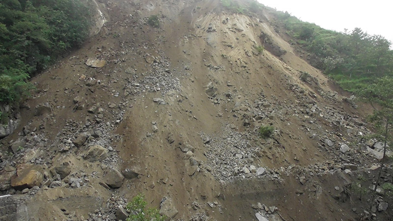 A huge landslide is observed at Pangrebhir along the Phidim--Ilam road section of Mechi Highway, in Panchthar district, on Friday, July 19, 2019. Photo: Laxmi Gautam/THT