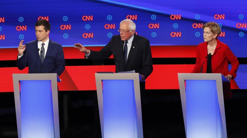 South Bend Mayor Pete Buttigieg, Senator Bernie Sanders, I-Vt., and Senator Elizabeth Warren, D-Mass., participate in the first of two Democratic presidential primary debates hosted by CNN Tuesday, July 30, 2019, in the Fox Theatre in Detroit. Photo: AP